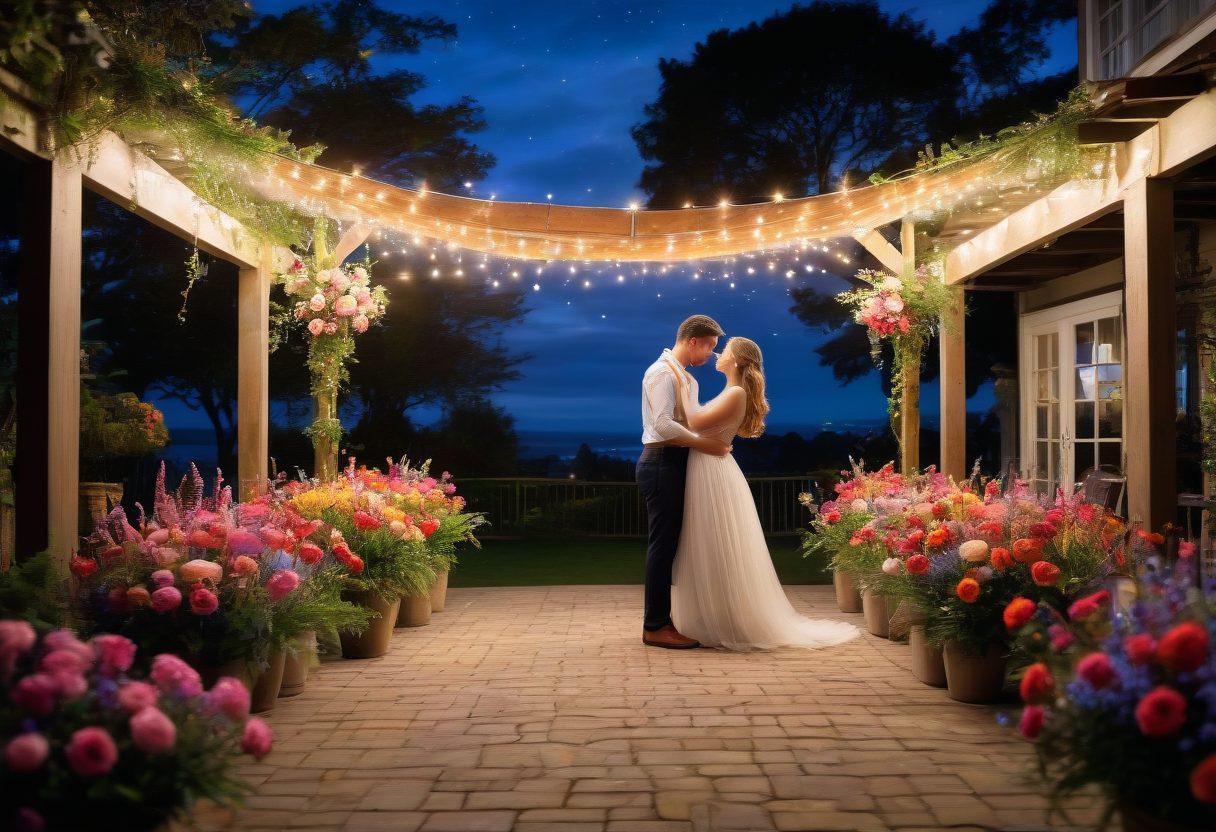 A romantic setting featuring a beautifully decorated outdoor space with twinkling fairy lights and floral arrangements, a couple dancing under the stars, surrounded by artists painting and musicians performing live. The scene should evoke warmth, joy, and celebration, capturing the essence of love and art intertwined. vivid colors. magical atmosphere. super-realistic.
