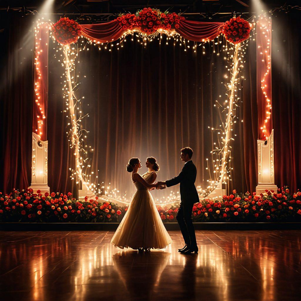 A grand theater stage adorned with twinkling fairy lights and vibrant red roses, showcasing a couple dancing passionately under a spotlight, while an elegant audience watches with admiration. The backdrop features colorful banners celebrating love and unity, creating a magical and festive atmosphere. soft focus. warm colors. vector art.