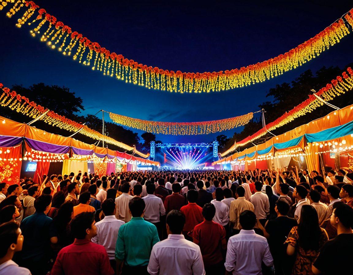 A vibrant scene capturing a lively concert with colorful lights and joyous crowds, transitioning to a bustling cultural fair featuring diverse stalls, traditional decorations, and people of various backgrounds celebrating together. Soft glimmers of affection shown through warm smiles and shared experiences. super-realistic. vibrant colors. dynamic composition.
